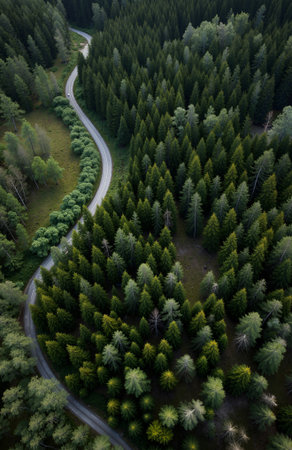 Aerial view of a winding road in the coniferous forestの素材