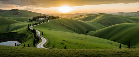 Panoramic view of Tuscany landscape with cypresses and roadの素材