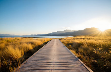 Wooden walkway at Lake Tekapo, South Island, New Zealandの素材