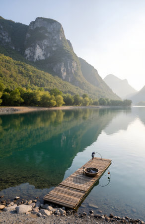 Mountain lake in the morning with a fisherman on a wooden pierの素材