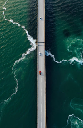 Aerial view of a bridge over the sea in Hong Kong.の素材