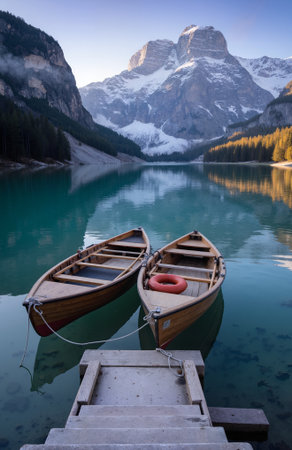 Boat on lake Braies, Dolomites, Italy.の素材