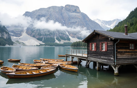 Landscape of New Zealand alps and meadow with wooden fenceの素材
