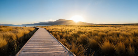 Panoramic view of a boardwalk leading to Mt Kilimanjaro, Tanzaniaの素材