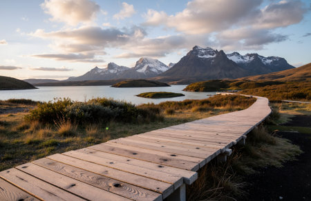 Wooden boardwalk leading to the lake in Torres del Paine National Park, Chileの素材