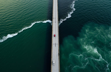 Aerial view of a bridge in the middle of the sea.の素材