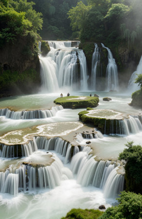 Fisherman in a boat on the lake at sunset with mountains in the backgroundの素材