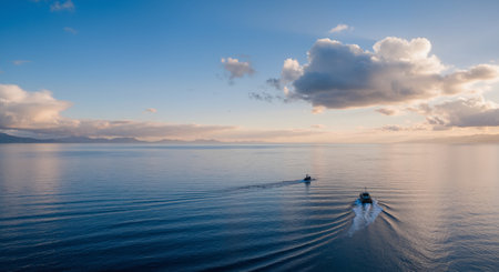Aerial view of a boat sailing in the sea at sunset.の素材