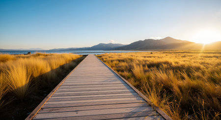 Wooden walkway leading to Lake Tekapo, South Island, New Zealandの素材