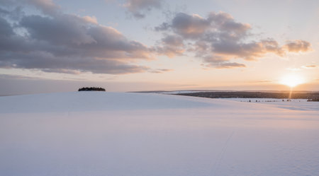 Aerial view of a snow covered field at sunset in winter.の素材