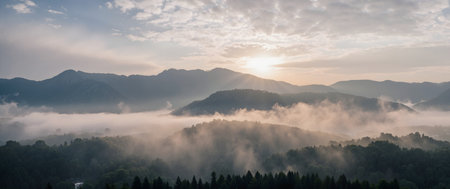 Panoramic view of the morning fog in the Carpathian mountainsの素材