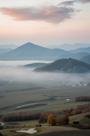 Autumn landscape with fog in the valley. Ukraine, Carpathiansの素材