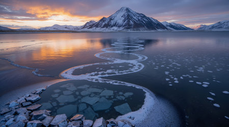Beautiful winter landscape with snow-capped mountains and frozen lakeの素材