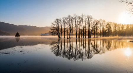 Foggy morning on the lake with trees reflected in the waterの素材