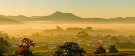 Panoramic view of the morning fog over the village and mountainsの素材