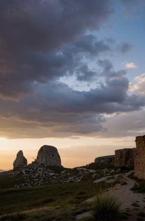 Sunset over the ruins of the castle of Capo Cacciaの素材