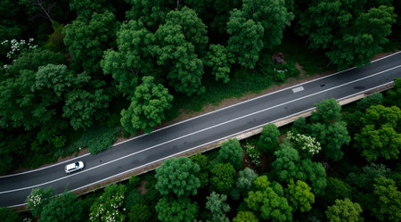 Aerial view of a highway in the forest. Top view.の素材