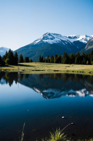 Mountain lake with reflection of snowcapped peaks in the waterの素材