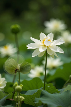 White lotus flower blooming in the pond with green leaves.の素材