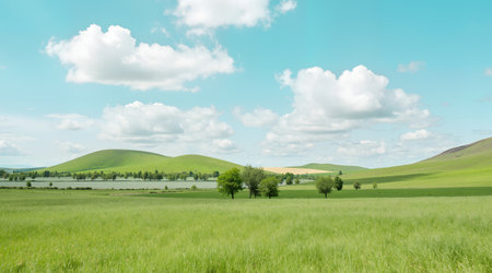 Green meadow and blue sky with white clouds, 3d renderingの素材