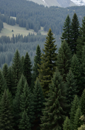 Pine trees in the Carpathian mountains, Ukraine, Europeの素材