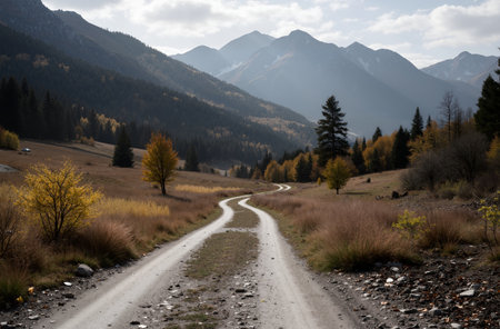 Autumnal alpine landscape with a dirt road in the mountainsの素材