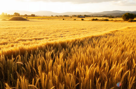 Wheat field at sunset. Beautiful landscape with golden ears of wheat.の素材