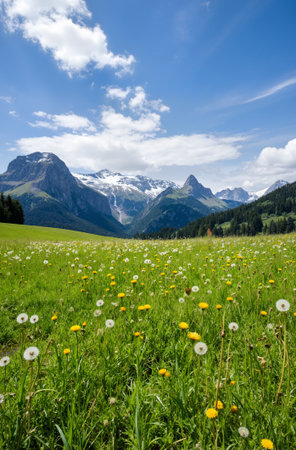 Meadow in the Swiss alps with dandelions and mountains in the backgroundの素材