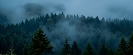Panorama of foggy forest in the Carpathian mountains.の素材