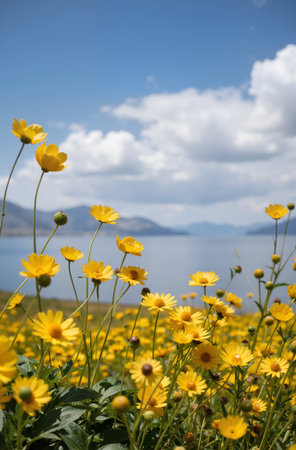 Yellow daisies on the coast of Lake Ohrid, Macedoniaの素材