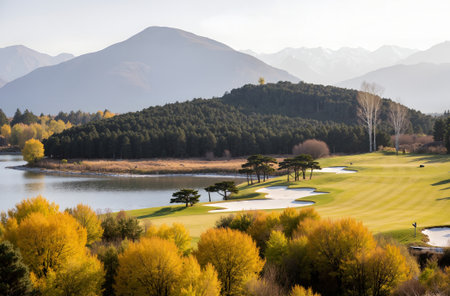 Autumn golf course landscape view with lake and mountains in New Zealandの素材