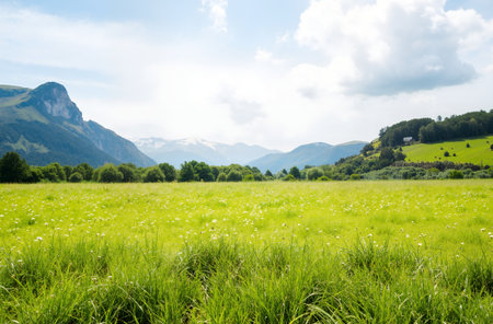 Beautiful summer landscape with green meadow and mountains in the backgroundの素材