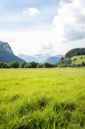 Meadow with grass and mountains in the background under blue skyの素材