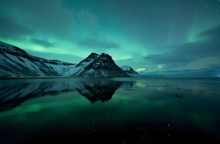 Northern lights over snow capped mountains in Iceland. Long exposure photograph.の素材