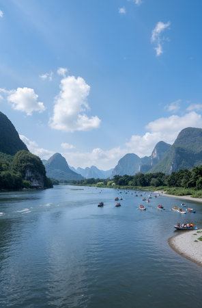 Tourists rafting on Li River in Guilin, China.の素材