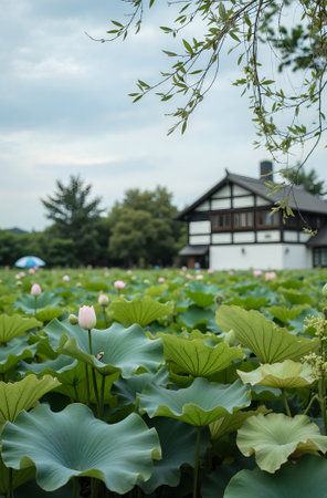Lotus garden and old house in Kyoto, Japan. This is a popular tourist attraction.の素材