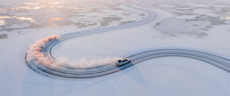 Aerial view of a car driving on the road in winter.の素材