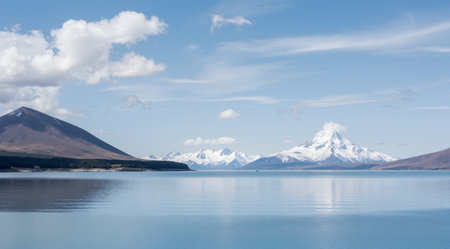 Patagonia landscape with snow-capped mountains reflected in lakeの素材