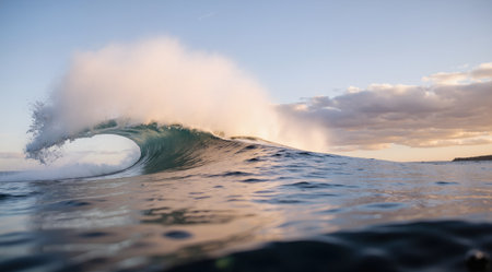 Surfing ocean wave at sunset. Blue sky and white clouds.の素材