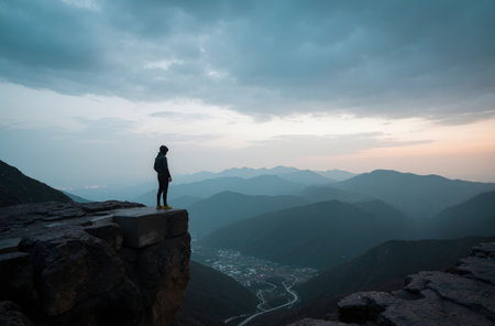 young woman standing on top of a mountain and looking at the sunsetの素材