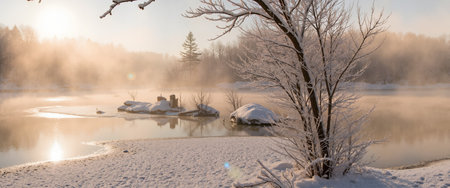 Foggy winter landscape on the bank of the river at dawnの素材