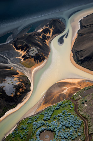 Aerial view of the volcanic island of Landmannalaugar in Icelandの素材