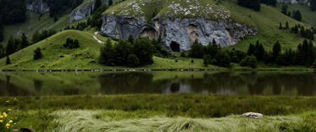Panoramic view of the mountain lake in the Dolomitesの素材