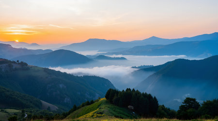 Foggy morning in the mountains. Sunrise in the Carpathiansの素材