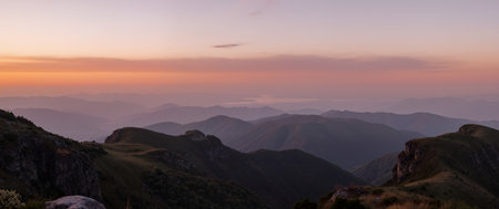Sunset in the mountains of Crimea, Ukraine. Panoramic viewの素材
