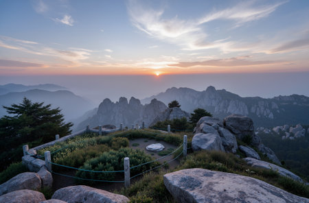 Panoramic view of the multicolored mountains and the river at sunsetの素材