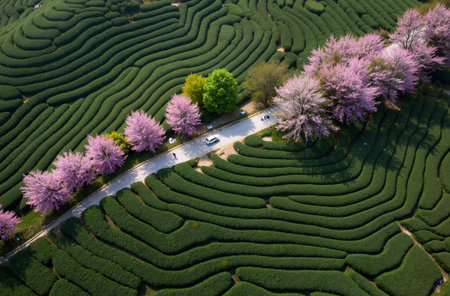 Tea Plantation and Cherry Blossom in Chiang Rai, Thailand.の素材