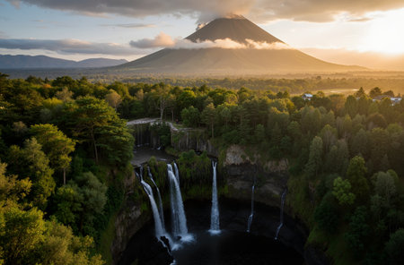 Aerial view of Mt.Fuji and the waterfalls at sunriseの素材