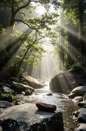 Landscape of forest and stream with sunlight in the morning, Thailandの素材
