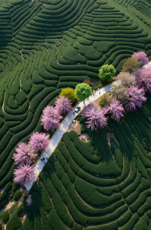 Aerial view of tea plantation with beautiful pink flowers in the morningの素材